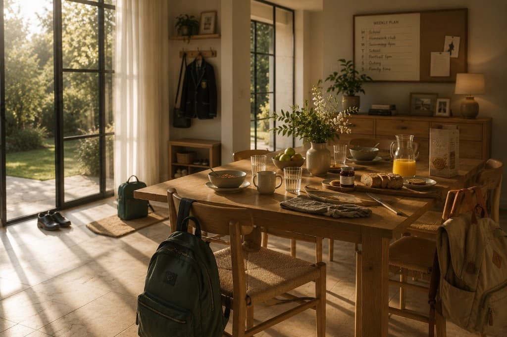 A warm residential dining space with morning light, representing a stable family home