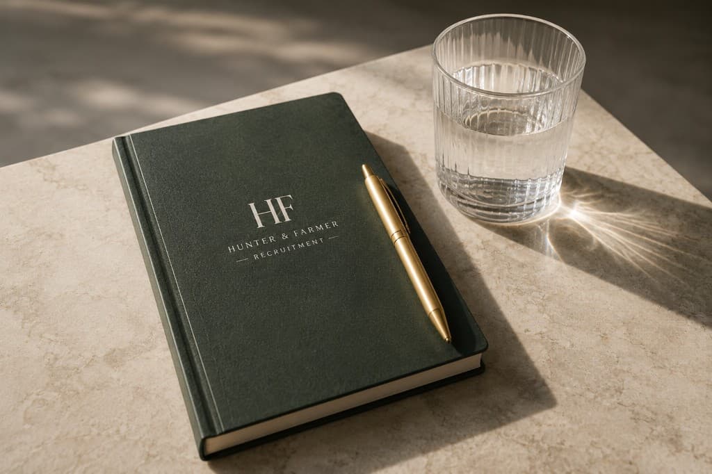 Hunter & Farmer branded notebook and pen on a considered workspace