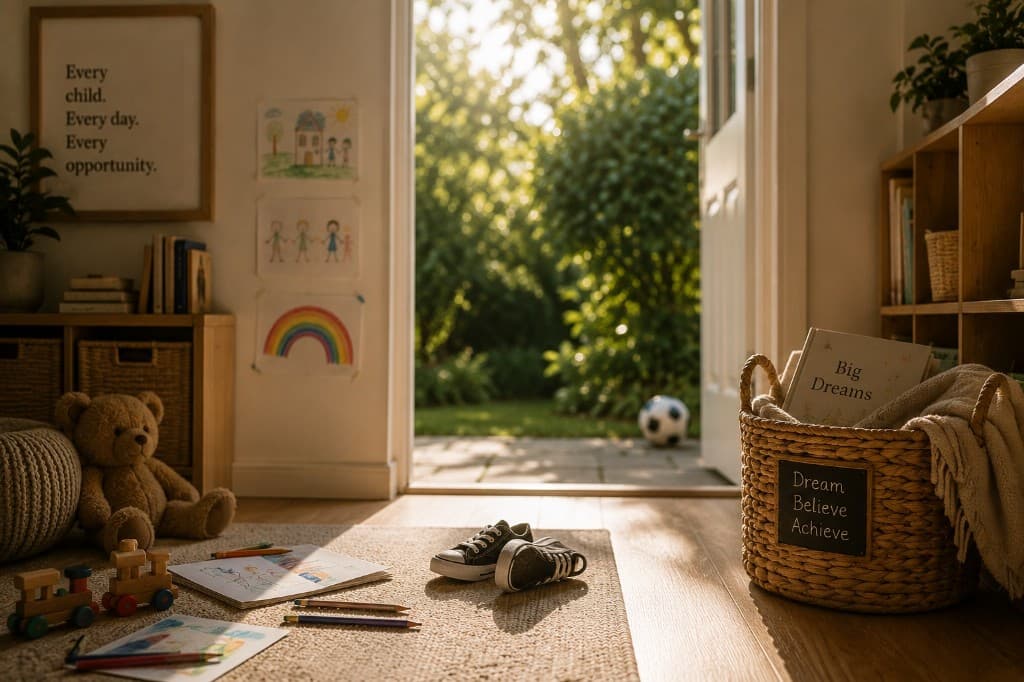 A nurturing playroom looking out to a sunlit garden